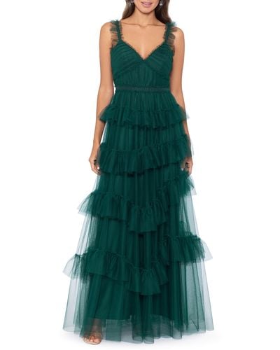 Betsy & Adam Tiered Ruffle Tulle Gown - Green