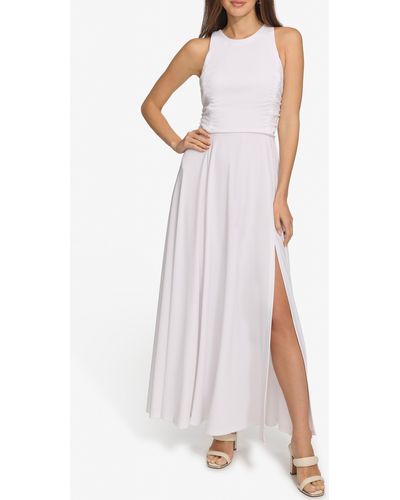 DKNY Ruched Mesh Trim Sleeveless Maxi Dress - White