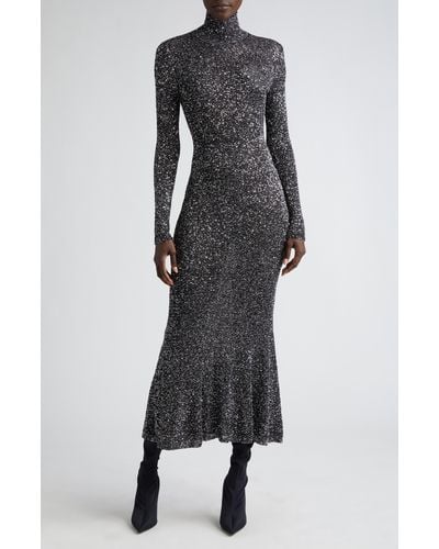 Balenciaga Long Sleeve Sequin Knit Turtleneck Gown - Gray