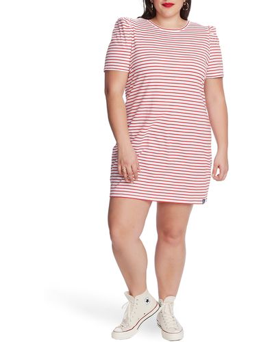 Court & Rowe Stripe Puff Sleeve Cotton Knit T-shirt Dress - Pink