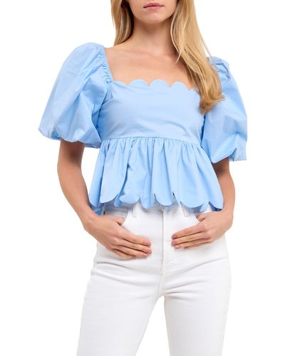 English Factory Scallop Detail Puff Sleeve Top - Blue