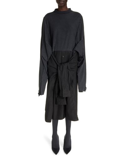 Balenciaga Patched Mixed Media Long Sleeve Cotton T-shirt Dress - Black