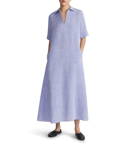 Lafayette 148 New York Short Sleeve Linen Popover Midi Dress - Blue