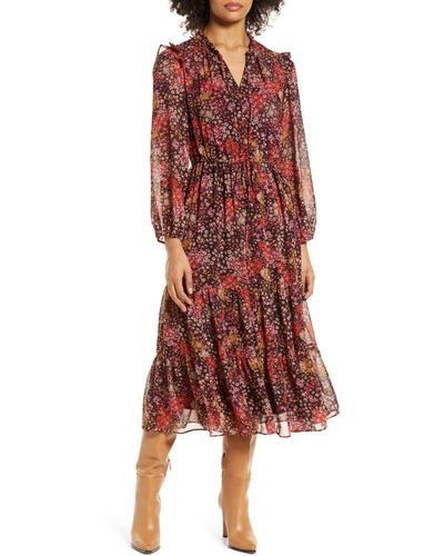 Julia Jordan Floral Print Long Sleeve Tiered Midi Dress