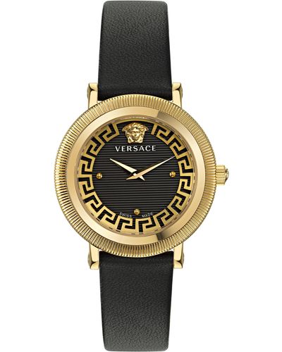 Versace Greca Flourish Leather Strap Watch - Metallic