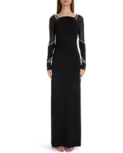 Givenchy Crystal Embellished Long Sleeve Crepe Gown - Black