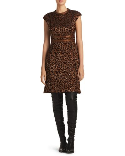 St. John Sequin Leopard Jacquard Cap Sleeve Dress - Brown