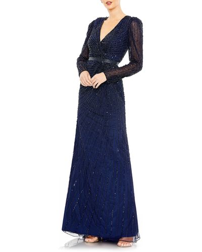 Mac Duggal Sequin Long Sleeve Faux Wrap Gown - Blue
