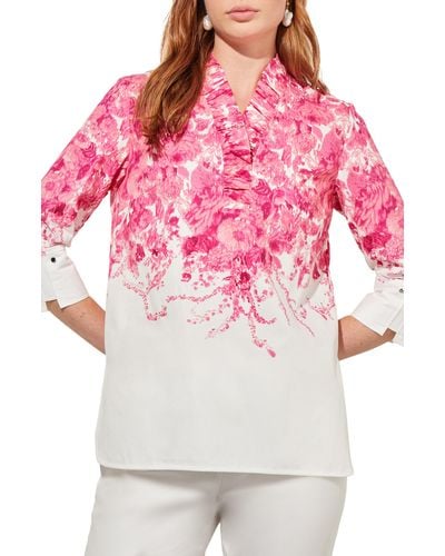 Ming Wang Ruffle Collar Floral Cotton Shirt - Red