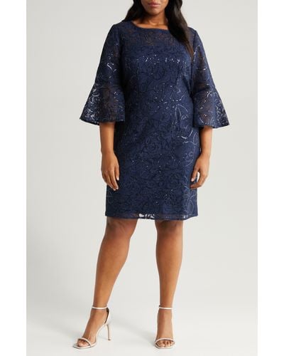Alex Evenings Sequin Lace Long Sleeve Sheath Dress - Blue