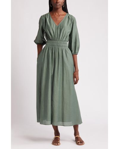 Nordstrom Smocked Waist Cotton & Silk Dress - Green