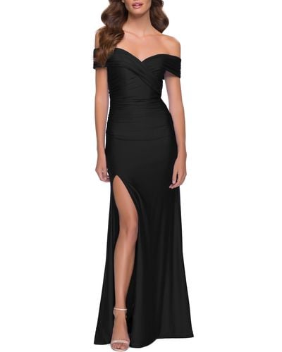 La Femme Off The Shoulder Stretch Jersey Gown - Black