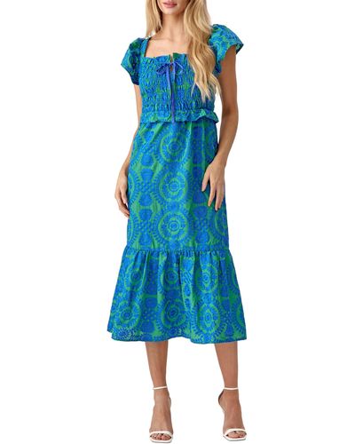 Adelyn Rae Selene Embroidered Smocked Cotton Midi Dress - Blue