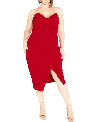 City Chic Luisa Strapless Side Pleat Midi Dress - Red