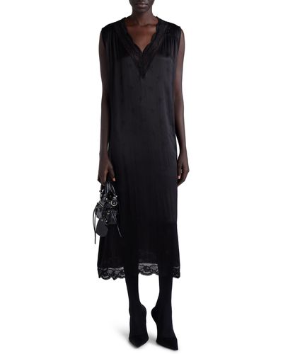 Balenciaga Lace Trim Sleeveless Silk Jacquard Dress - Black
