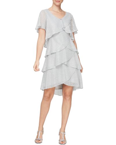 Sl Fashions Tiered Shimmer Metallic Flutter Sleeve Dress - Gray