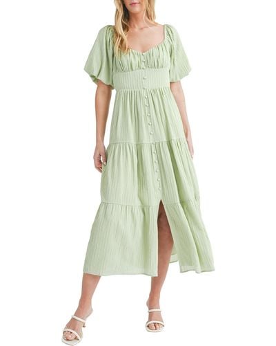 All In Favor Puff Sleeve Tiered Midi Dress In At Nordstrom, Size Small - Green