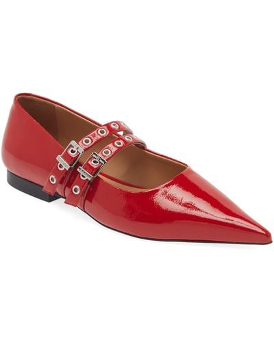 Ganni Pointed Toe Mary Jane Flat - Red