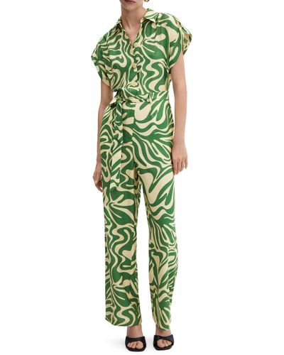 Mango Retro Print Belted Jumpsuit - Green