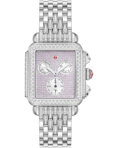 Michele Deco Diamond & Pink Sapphire Bracelet Chronograph Watch - Gray
