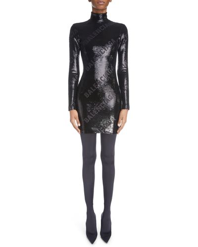 Balenciaga Sequin Logo Long Sleeve Turtleneck Body-con Dress - Black