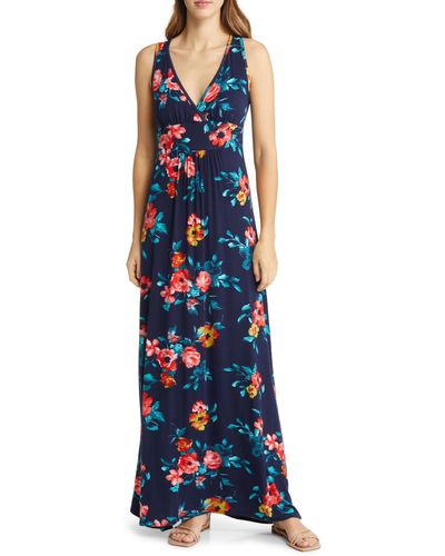 Loveappella Floral Print Sleeveless Jersey Maxi Dress - Blue