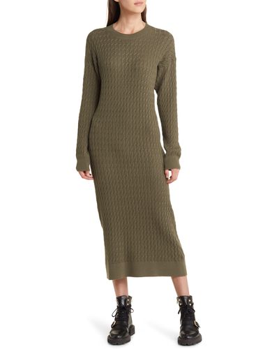 Treasure & Bond Cable Stitch Long Sleeve Midi Sweater Dress - Green