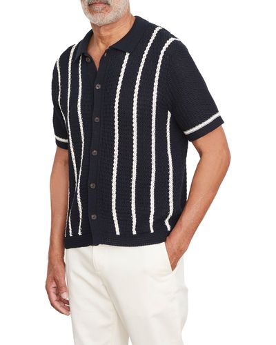 Vince Crochet Stripe Short Sleeve Cotton Button-up Polo Sweater - Blue