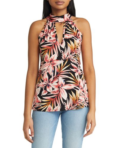 Loveappella Palm Print Cutout Mock Neck Halter Top - Red