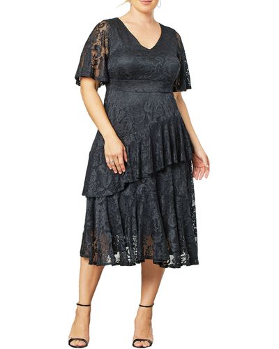 Kiyonna Lace Affair Cocktail Midi Dress - Black