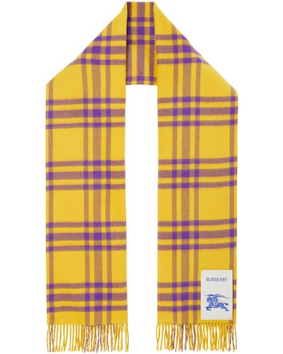 Burberry Equestrian Knight Patch Check Cashmere Fringe Scarf - Yellow