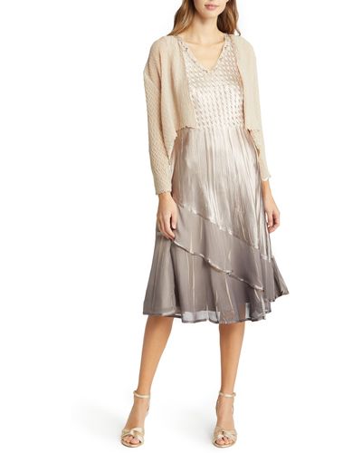 Komarov Tiered Beaded Ombré Midi Dress With Jacket - Natural
