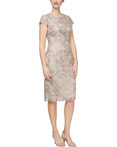Alex Evenings Embroidered Illusion Yoke Sequin Sheath Cocktail Dress - Natural