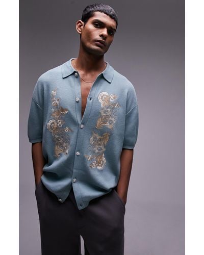 TOPMAN Western Floral Embroidery Button-up Cardigan Shirt - Blue