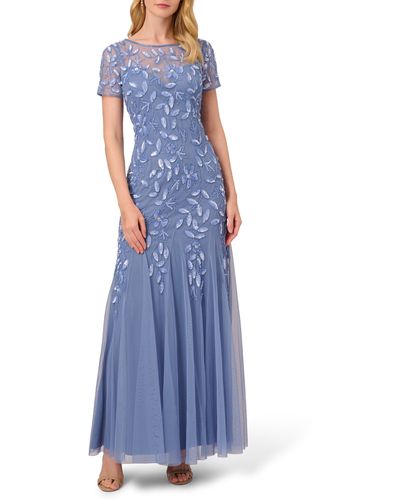 Adrianna Papell Beaded Floral Godet Gown - Blue