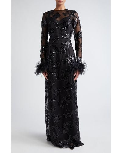 Erdem Sequin Feather Cuff Long Sleeve Silk Organza Gown - Black