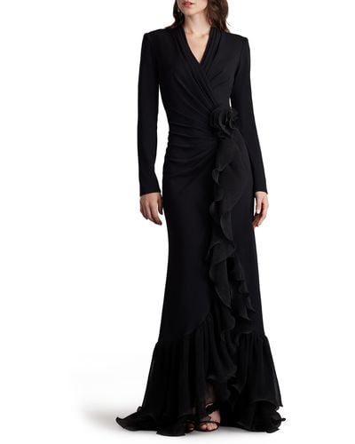 Tadashi Shoji Side Ruffle Long Sleeve High-low Gown - Black