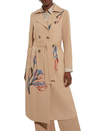 Misook Floral Embroidered Belted Double Breasted Trench Coat - Natural