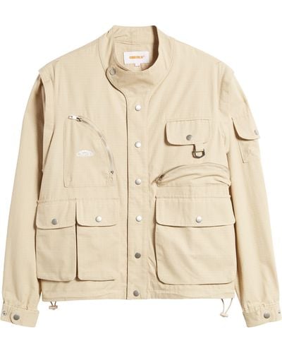 Checks Safari Convertible Cotton Utility Jacket - Natural