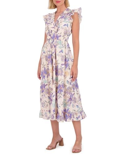 Vince Camuto Floral Ruffle Cotton Midi Dress - Pink