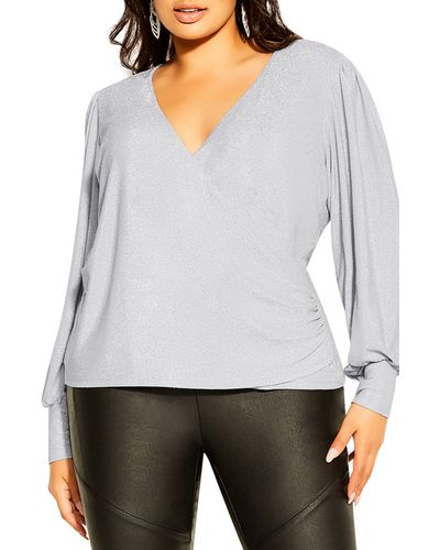 City Chic Glowing Shimmer Faux Wrap Top - White