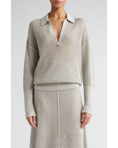 Maria McManus Johnny Collar Shimmer Mesh Polo Sweater - Gray