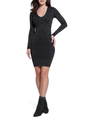 Guess Elisa Jacquard Long Sleeve Minidress - Black