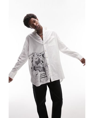 TOPMAN Extreme Oversize Embroidered Cotton & Linen Button-up Shirt - White