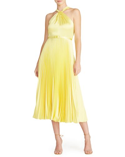 ML Monique Lhuillier Pleated Satin Cocktail Dress - Yellow