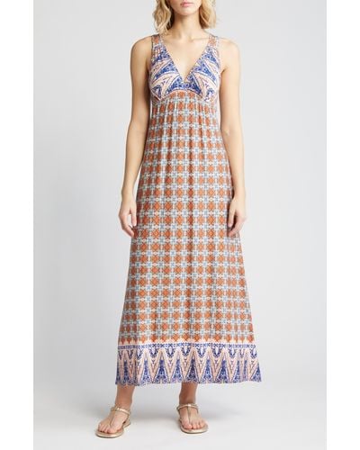 Loveappella Border Print Sleeveless Jersey Maxi Dress - Natural