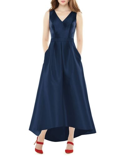 Alfred Sung V-neck Sleeveless High-low Sateen Twill Gown - Blue