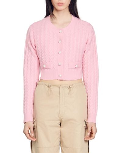 Sandro Elina Cable Stitch Wool Blend Crop Cardigan - Pink