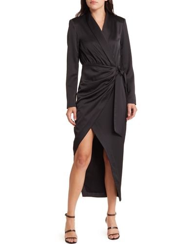 Misha Collection Acco Long Sleeve Satin Faux Wrap Dress - Black