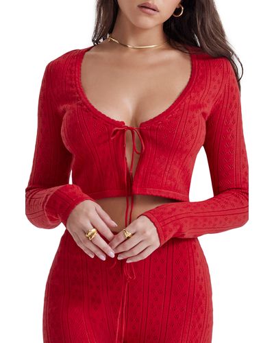 House Of Cb Perla Tie Front Pointelle Crop Cardigan - Red